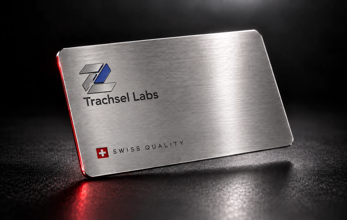 Trachsel-Labs-Visitenkarte aus gebürstetem Metall mit eingraviertem Logo und Schweizerkreuz