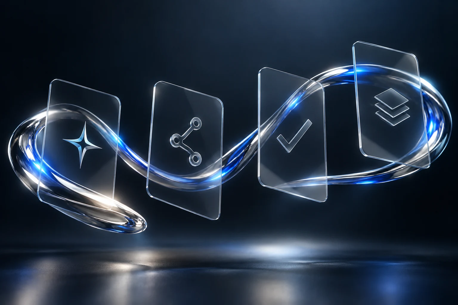 Flüssiges Chrom verbindet vier transparente Workflow-Karten