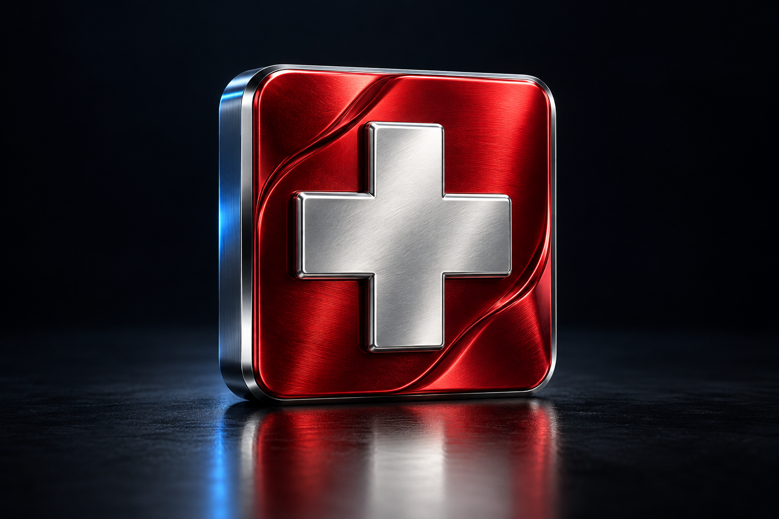 Schweizerkreuz aus hellem Chrom auf rubinrotem Liquid Metal